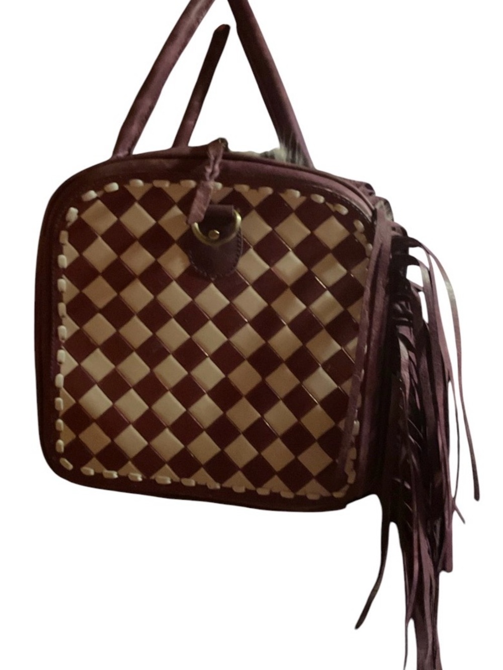 Purple Checkered Leather and Cowhide Weekender Bag NWT - Picture 4 of 6